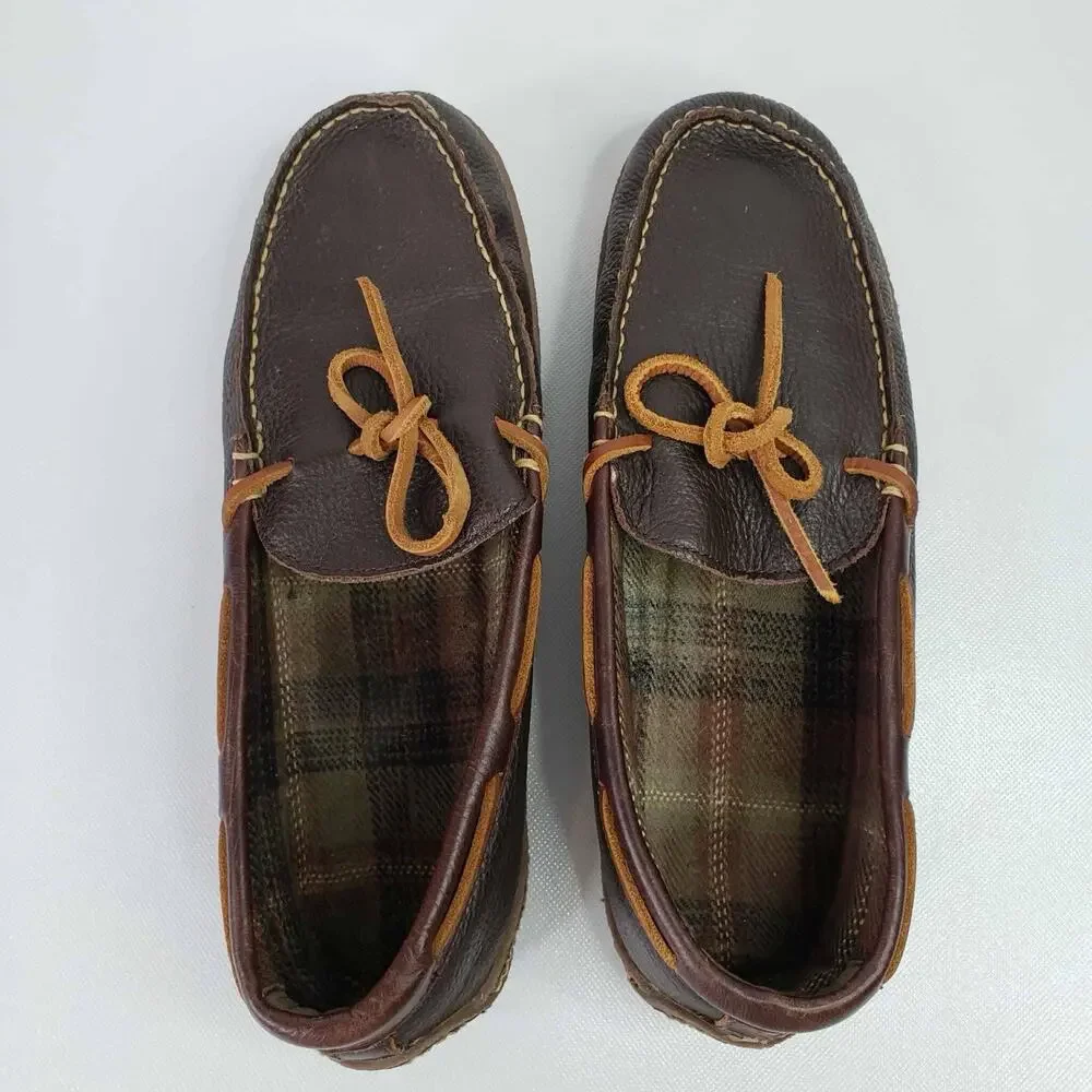 LL Bean Leather Slippers Men’s Size 10 Brown Flannel Lined Moccasin Comfort